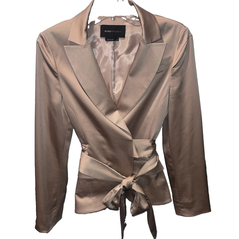 BCBGMAXAZRIA Crème/Champagne Satin Belted Blazer Notch Lapel Wrap Jacket Size M